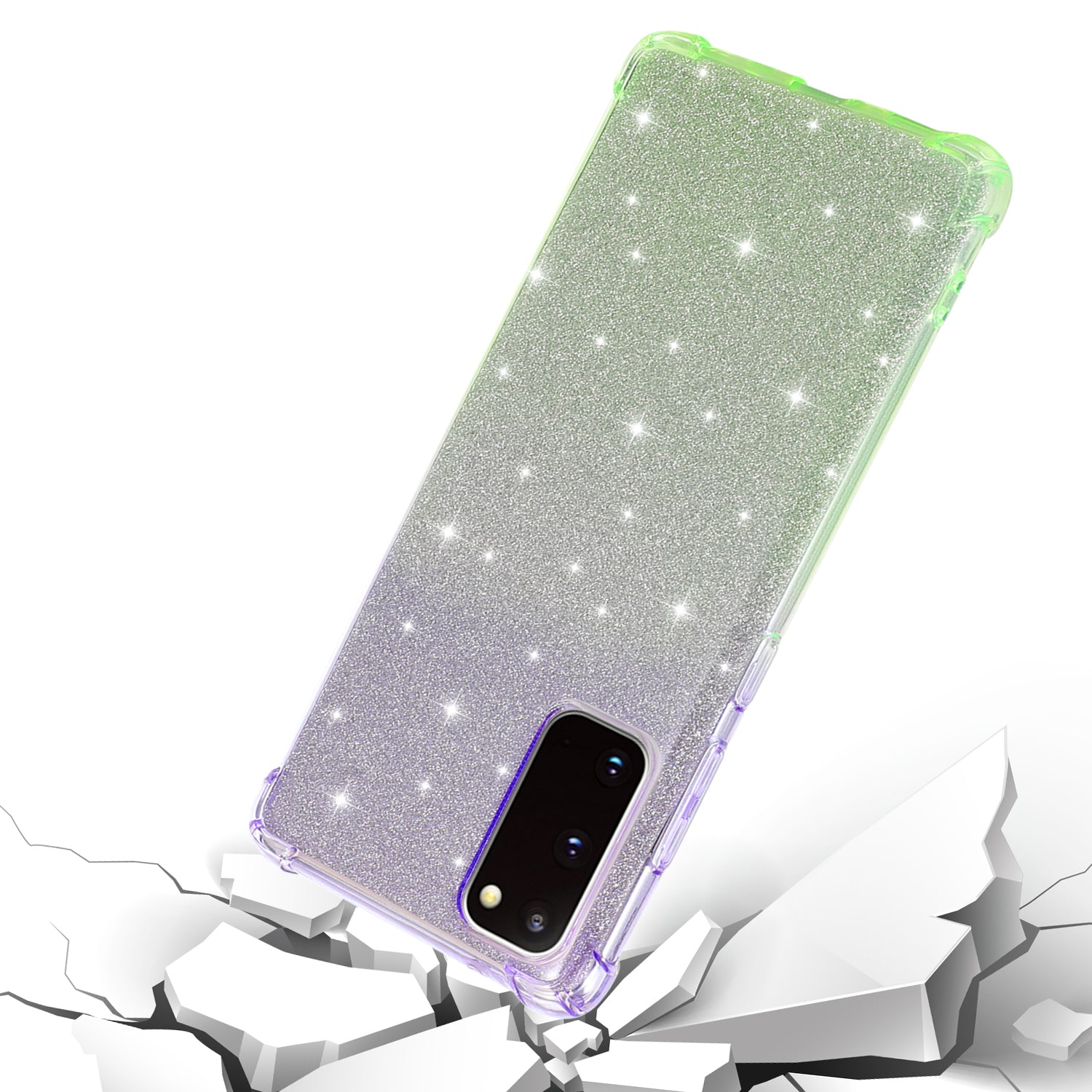 For Samsung Galaxy S20 FE 4G/5G/S20 Lite/S20 FE 2022 Shock-Absorption Gradient Color Glittery Powder Paper TPU Phone Cover - Purple/Green