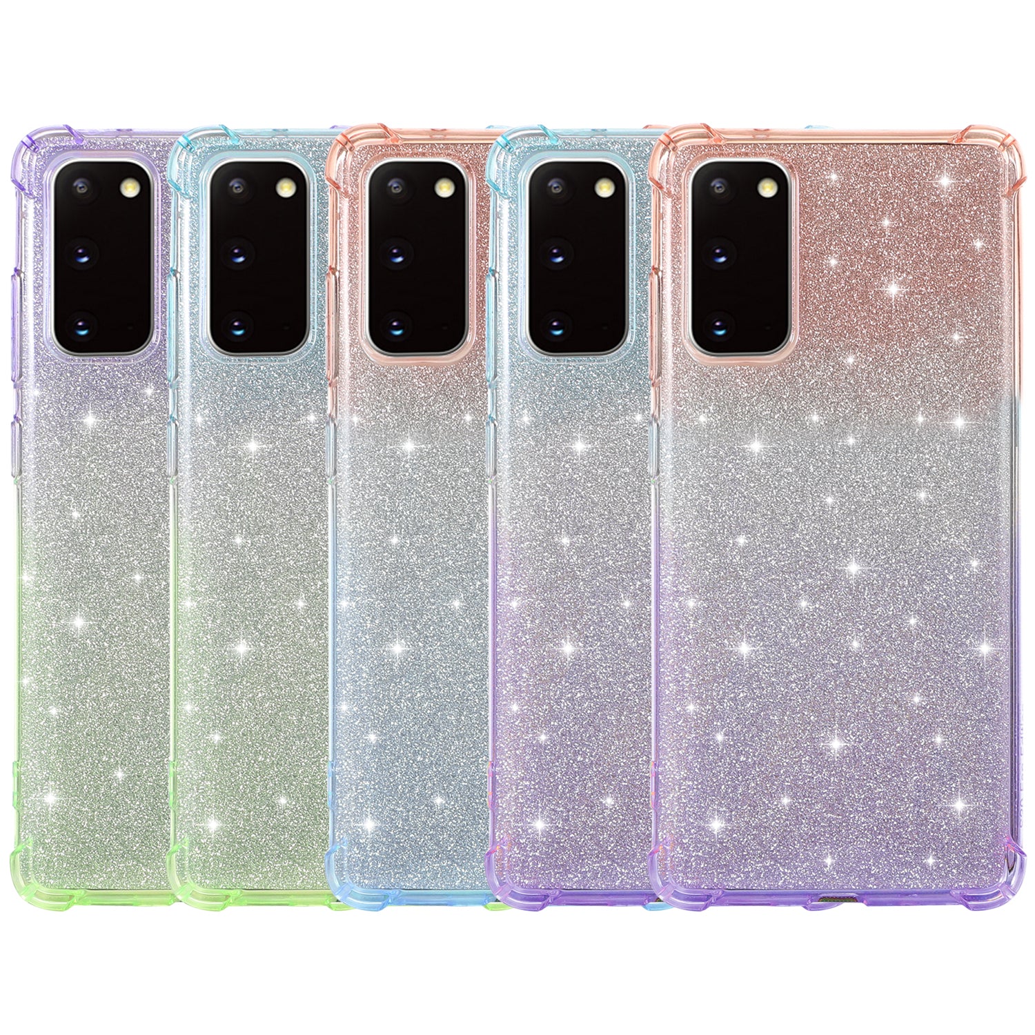 For Samsung Galaxy S20 FE 4G/5G/S20 Lite/S20 FE 2022 Shock-Absorption Gradient Color Glittery Powder Paper TPU Phone Cover - Purple/Green