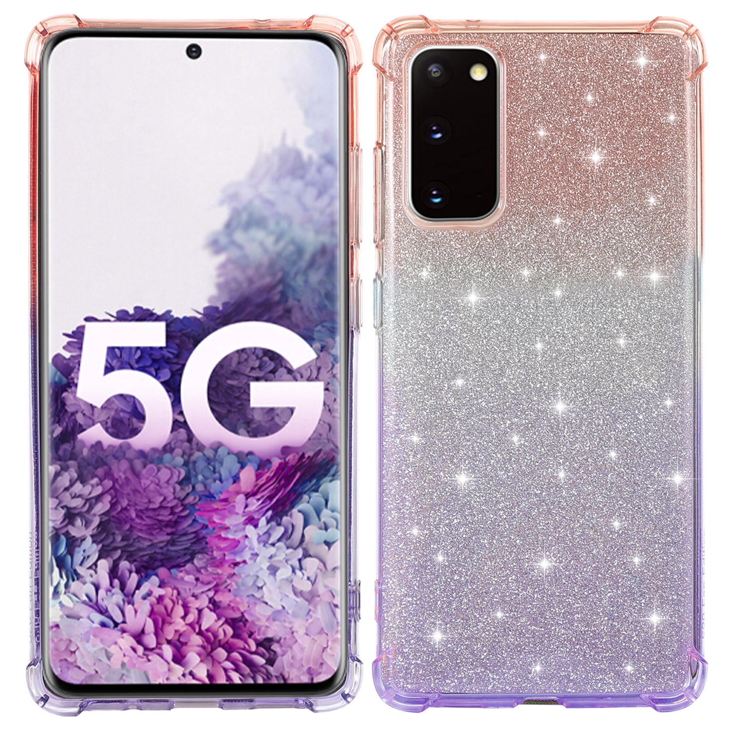 For Samsung Galaxy S20 FE 4G/5G/S20 Lite/S20 FE 2022 Shock-Absorption Gradient Color Glittery Powder Paper TPU Phone Cover - Pink/Purple