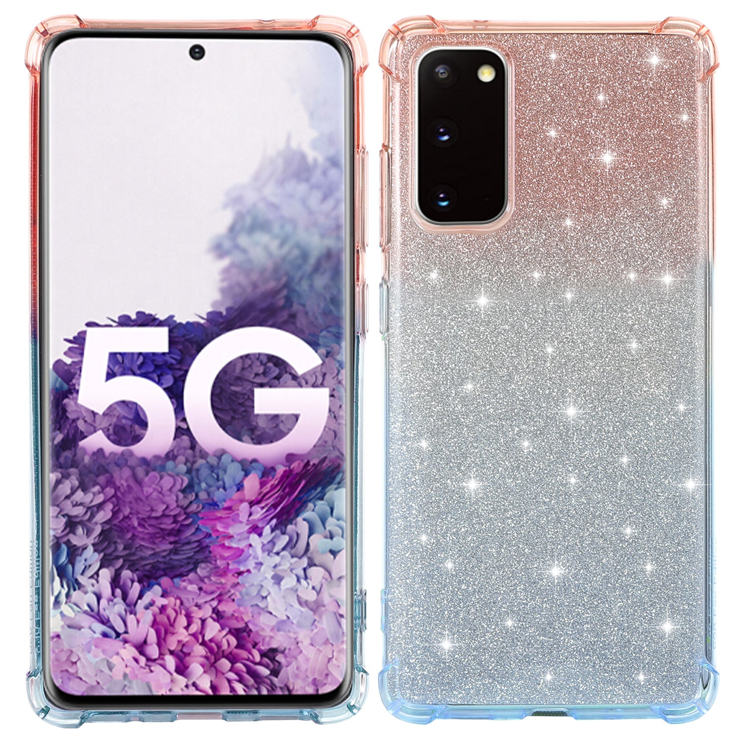 For Samsung Galaxy S20 FE 4G/5G/S20 Lite/S20 FE 2022 Shock-Absorption Gradient Color Glittery Powder Paper TPU Phone Cover - Pink/Blue