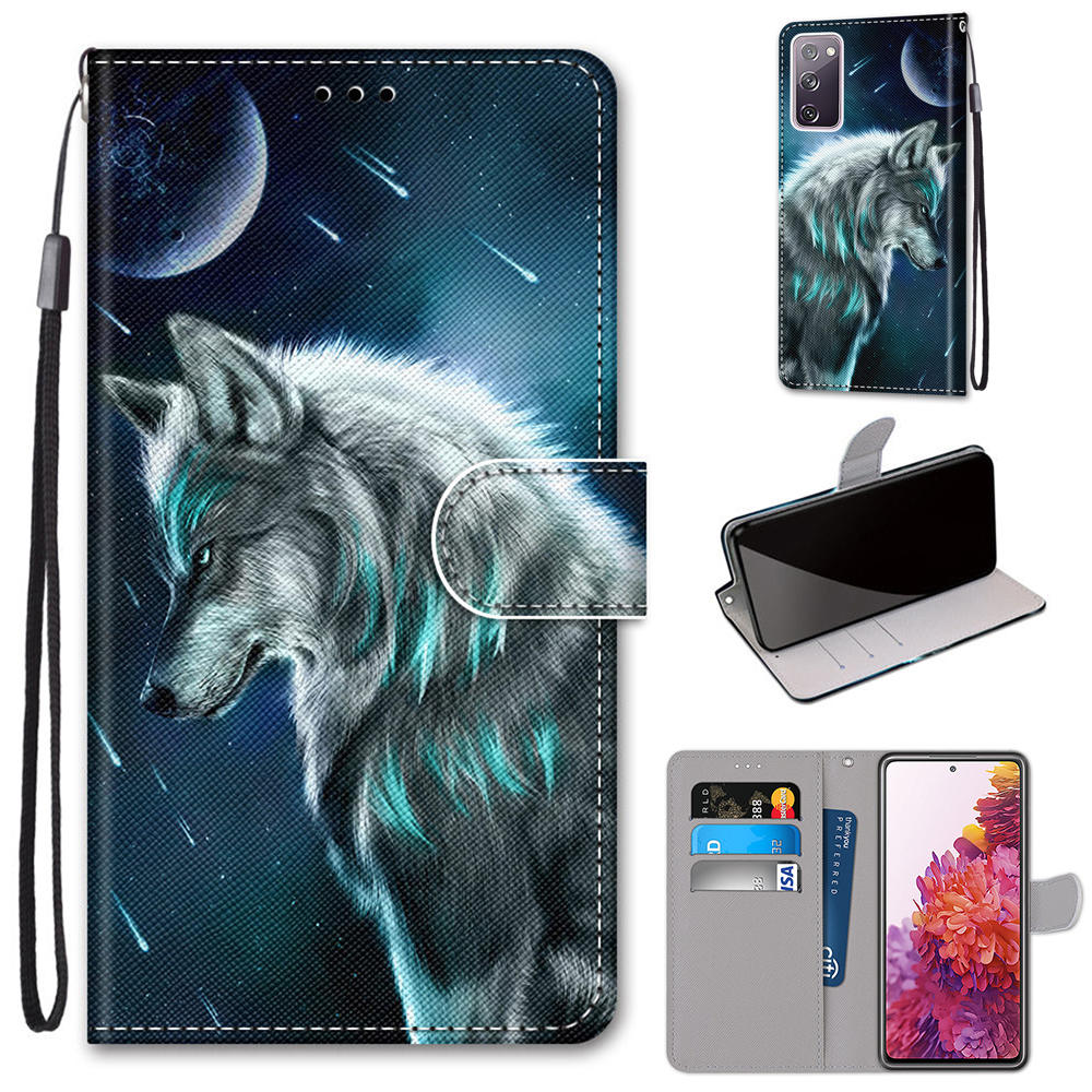 For Samsung Galaxy S20 FE 4G/5G/S20 Lite/S20 FE 2022 Anti-Drop Wallet Stand Case Pattern Printing Shell - Grey Wolf