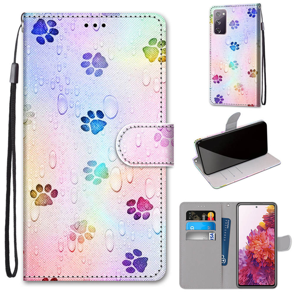 For Samsung Galaxy S20 FE 4G/5G/S20 Lite/S20 FE 2022 Anti-Drop Wallet Stand Case Pattern Printing Shell - Cat Footprint