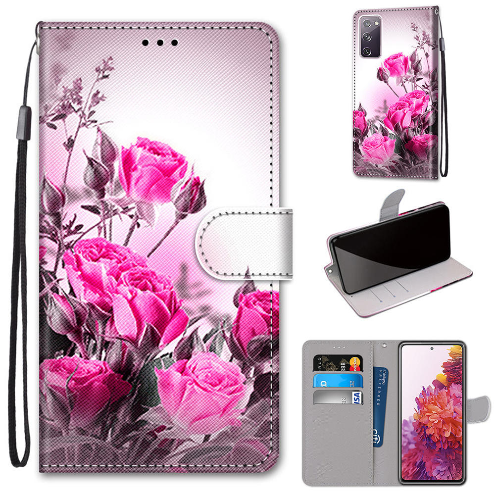 For Samsung Galaxy S20 FE 4G/5G/S20 Lite/S20 FE 2022 Anti-Drop Wallet Stand Case Pattern Printing Shell - Rose Flower