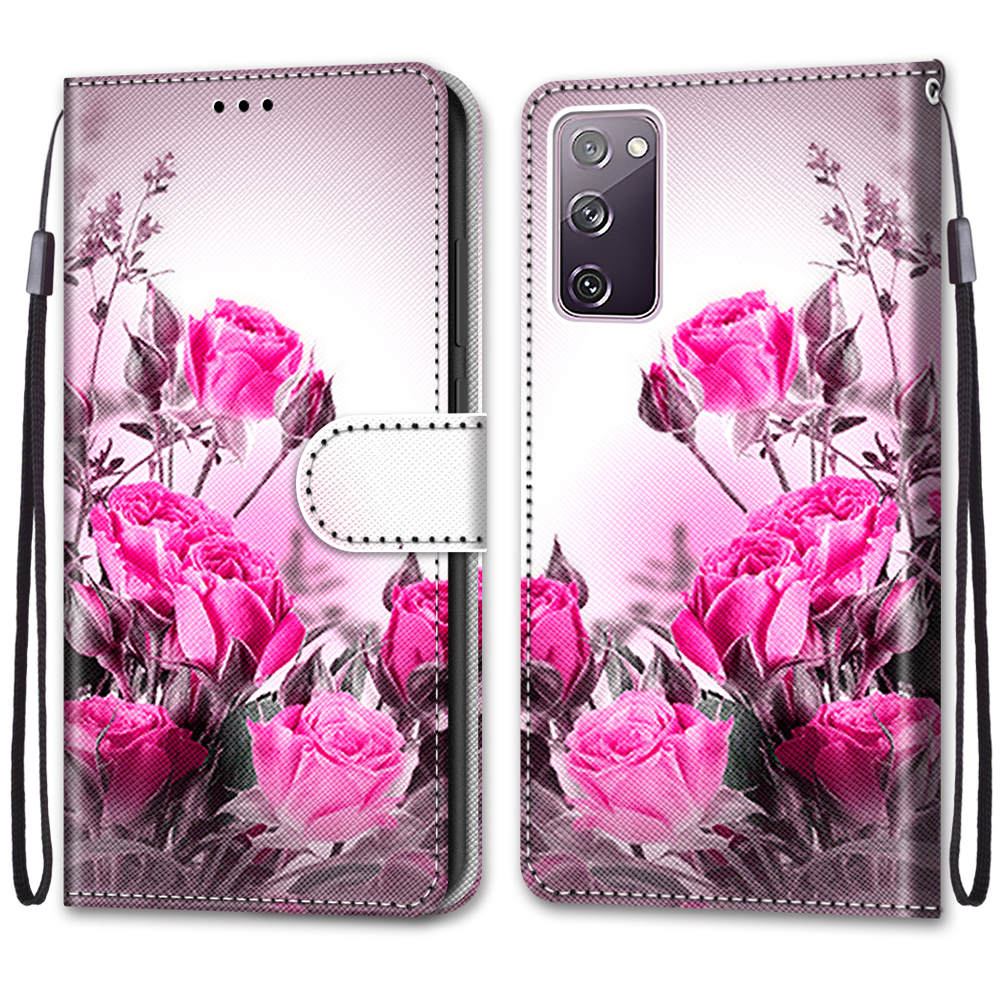 For Samsung Galaxy S20 FE 4G/5G/S20 Lite/S20 FE 2022 Anti-Drop Wallet Stand Case Pattern Printing Shell - Rose Flower