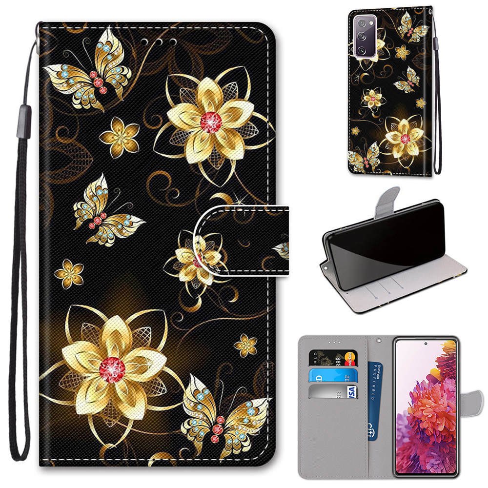 For Samsung Galaxy S20 FE 4G/5G/S20 Lite/S20 FE 2022 Anti-Drop Wallet Stand Case Pattern Printing Shell - Golden Flower