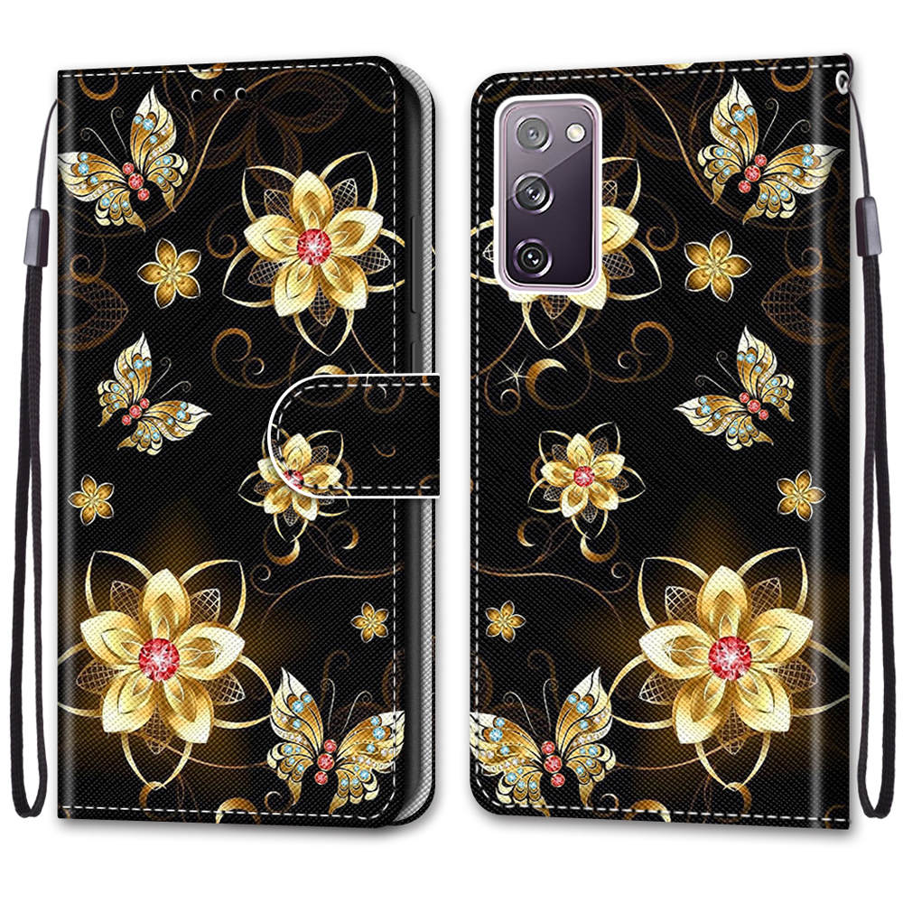 For Samsung Galaxy S20 FE 4G/5G/S20 Lite/S20 FE 2022 Anti-Drop Wallet Stand Case Pattern Printing Shell - Golden Flower