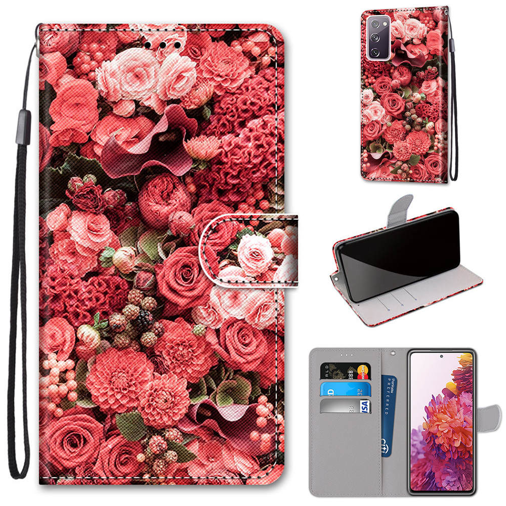 For Samsung Galaxy S20 FE 4G/5G/S20 Lite/S20 FE 2022 Anti-Drop Wallet Stand Case Pattern Printing Shell - Red Flower