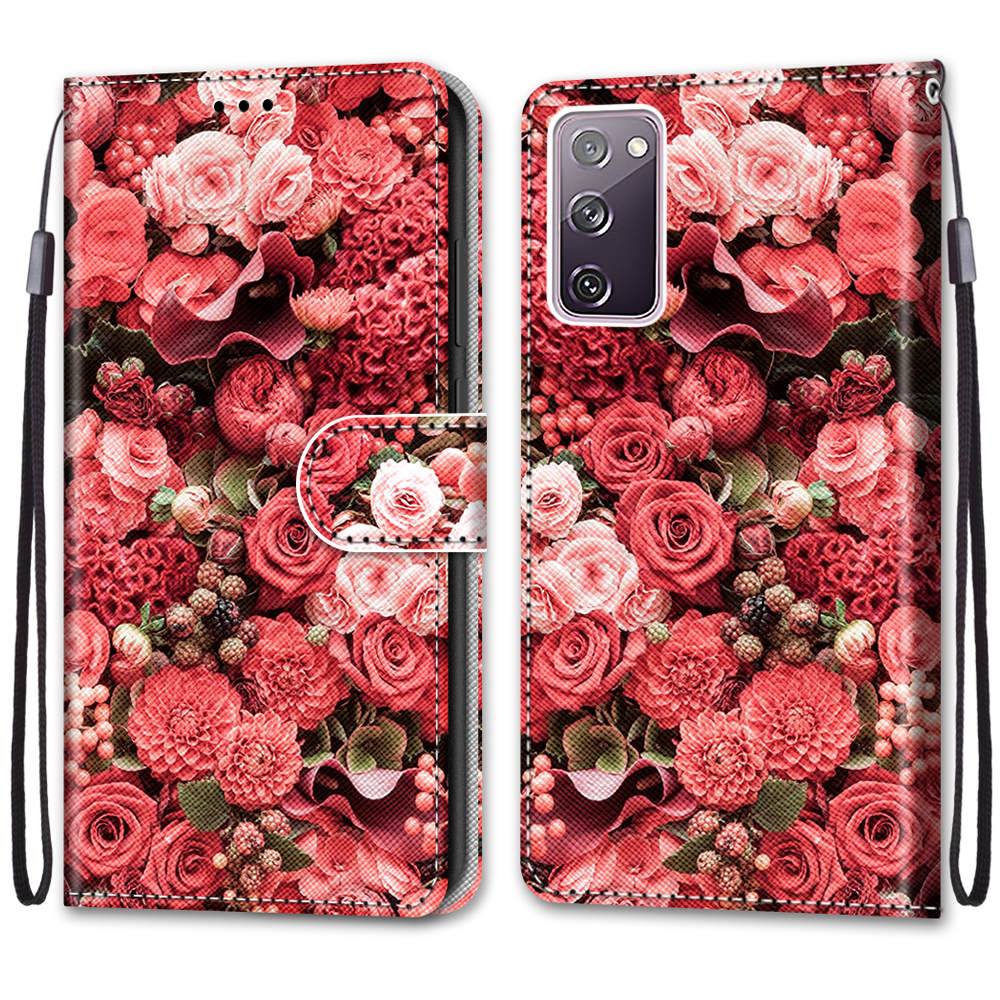 For Samsung Galaxy S20 FE 4G/5G/S20 Lite/S20 FE 2022 Anti-Drop Wallet Stand Case Pattern Printing Shell - Red Flower