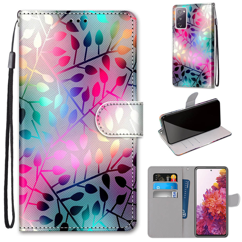 For Samsung Galaxy S20 FE 4G/5G/S20 Lite/S20 FE 2022 Anti-Drop Wallet Stand Case Pattern Printing Shell - Colorful Leaves