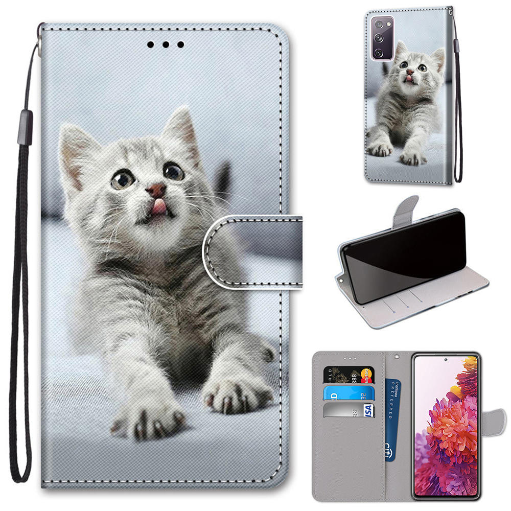 For Samsung Galaxy S20 FE 4G/5G/S20 Lite/S20 FE 2022 Anti-Drop Wallet Stand Case Pattern Printing Shell - Cat