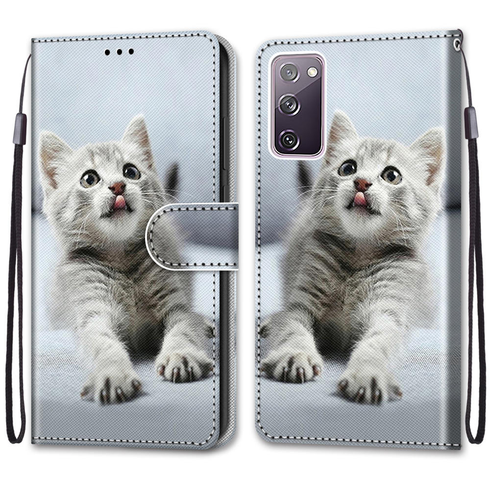 For Samsung Galaxy S20 FE 4G/5G/S20 Lite/S20 FE 2022 Anti-Drop Wallet Stand Case Pattern Printing Shell - Cat