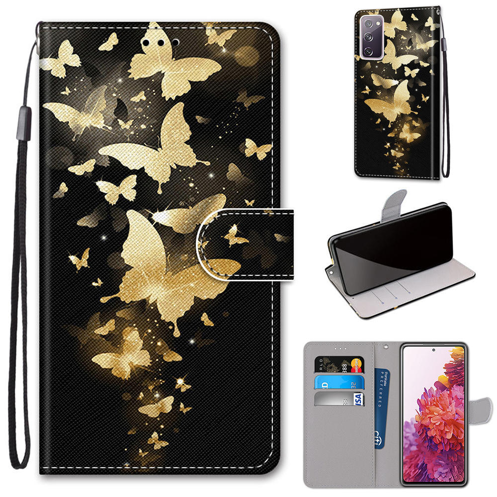 For Samsung Galaxy S20 FE 4G/5G/S20 Lite/S20 FE 2022 Anti-Drop Wallet Stand Case Pattern Printing Shell - Golden Butterflies