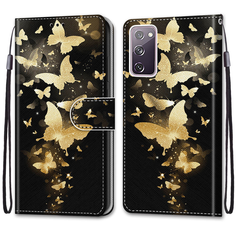 For Samsung Galaxy S20 FE 4G/5G/S20 Lite/S20 FE 2022 Anti-Drop Wallet Stand Case Pattern Printing Shell - Golden Butterflies