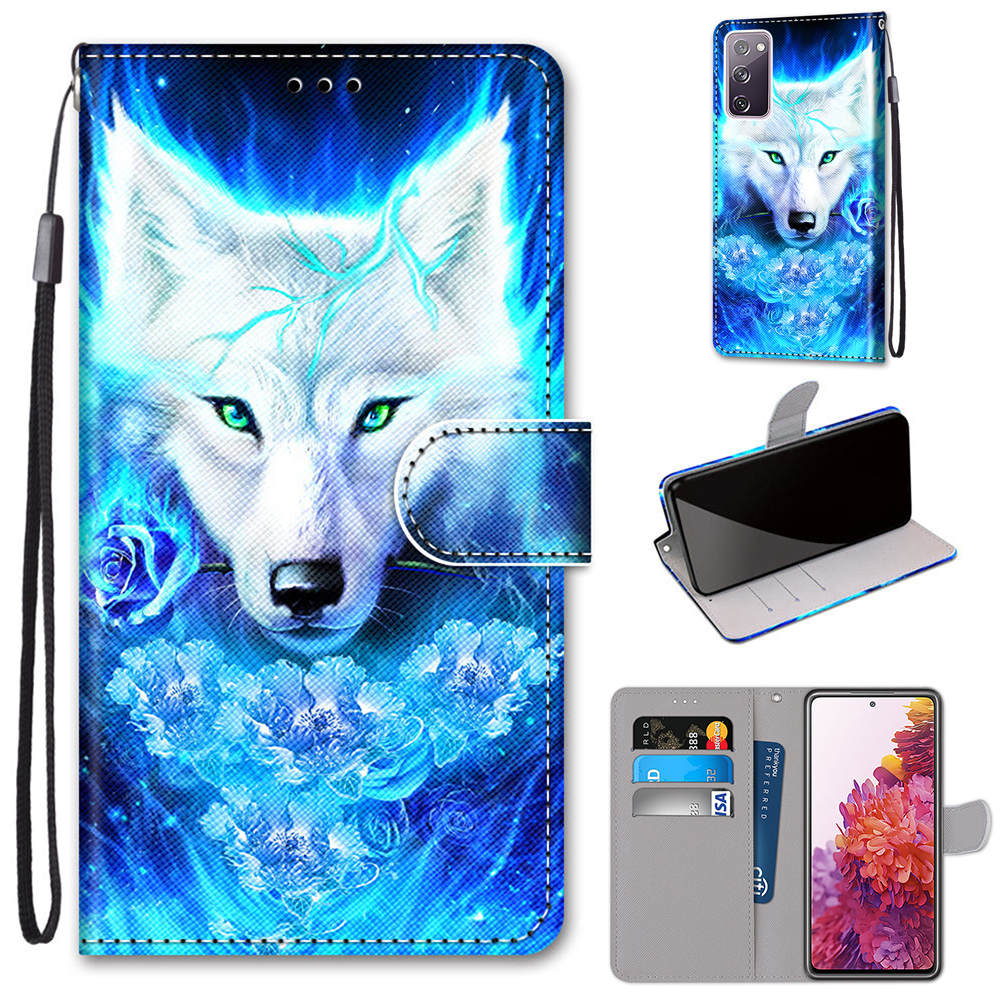 For Samsung Galaxy S20 FE 4G/5G/S20 Lite/S20 FE 2022 Anti-Drop Wallet Stand Case Pattern Printing Shell - White Wolf