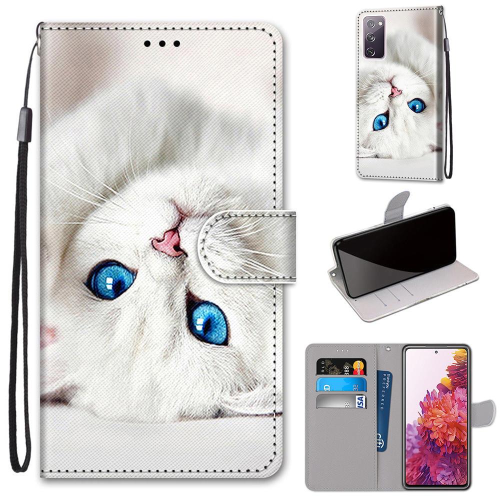 For Samsung Galaxy S20 FE 4G/5G/S20 Lite/S20 FE 2022 Anti-Drop Wallet Stand Case Pattern Printing Shell - Blue Eyes Cat