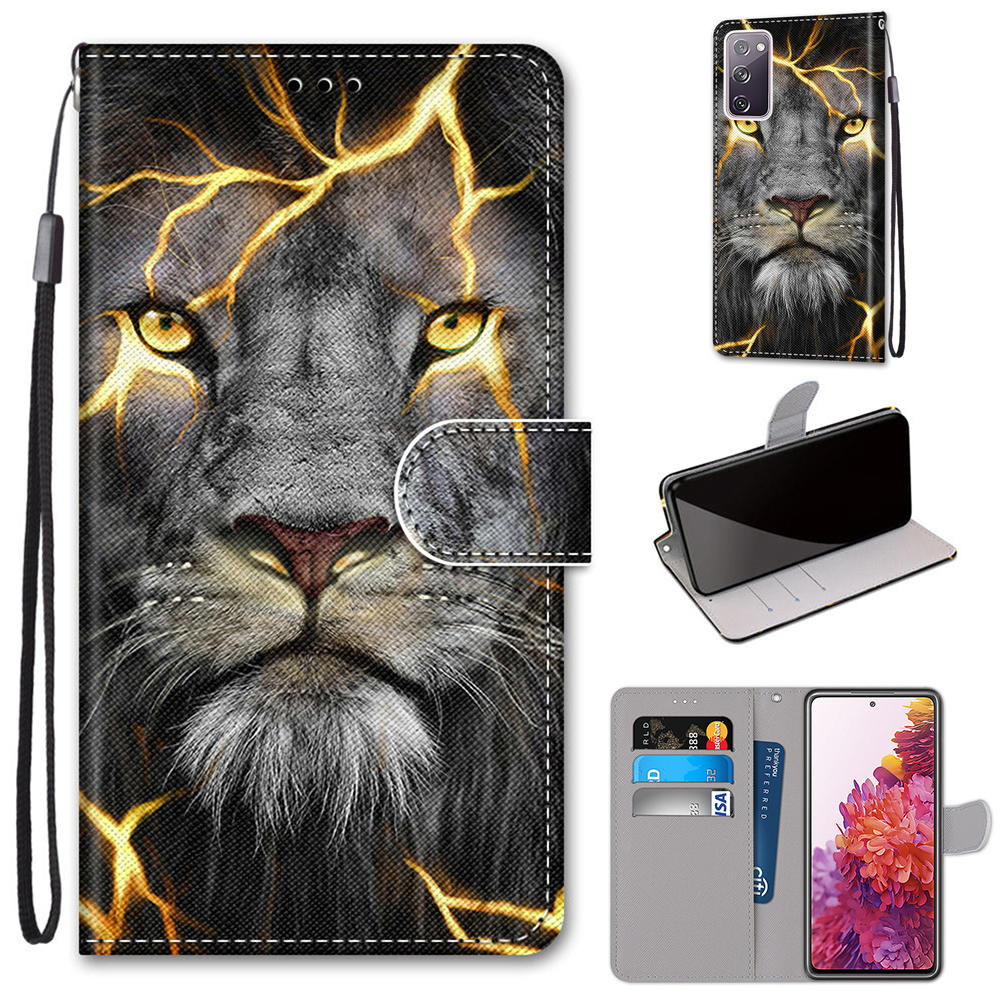 For Samsung Galaxy S20 FE 4G/5G/S20 Lite/S20 FE 2022 Anti-Drop Wallet Stand Case Pattern Printing Shell - Lion