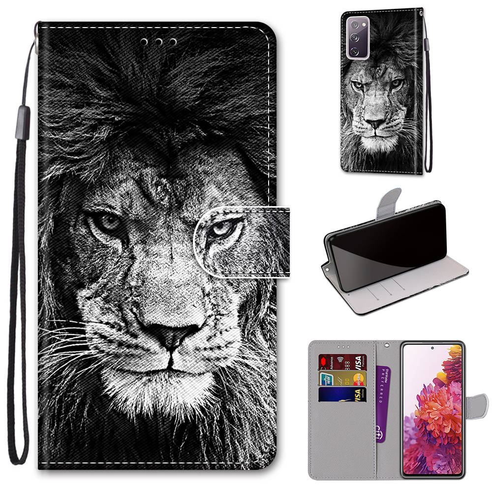 Pattern Printing Phone Case for Samsung Galaxy S20 FE 4G/5G/S20 Lite/S20 FE 2022, PU Leather Stand Flip Wallet Cover - Lion