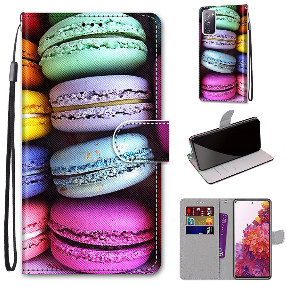 Pattern Printing Phone Case for Samsung Galaxy S20 FE 4G/5G/S20 Lite/S20 FE 2022, PU Leather Stand Flip Wallet Cover - Macarons