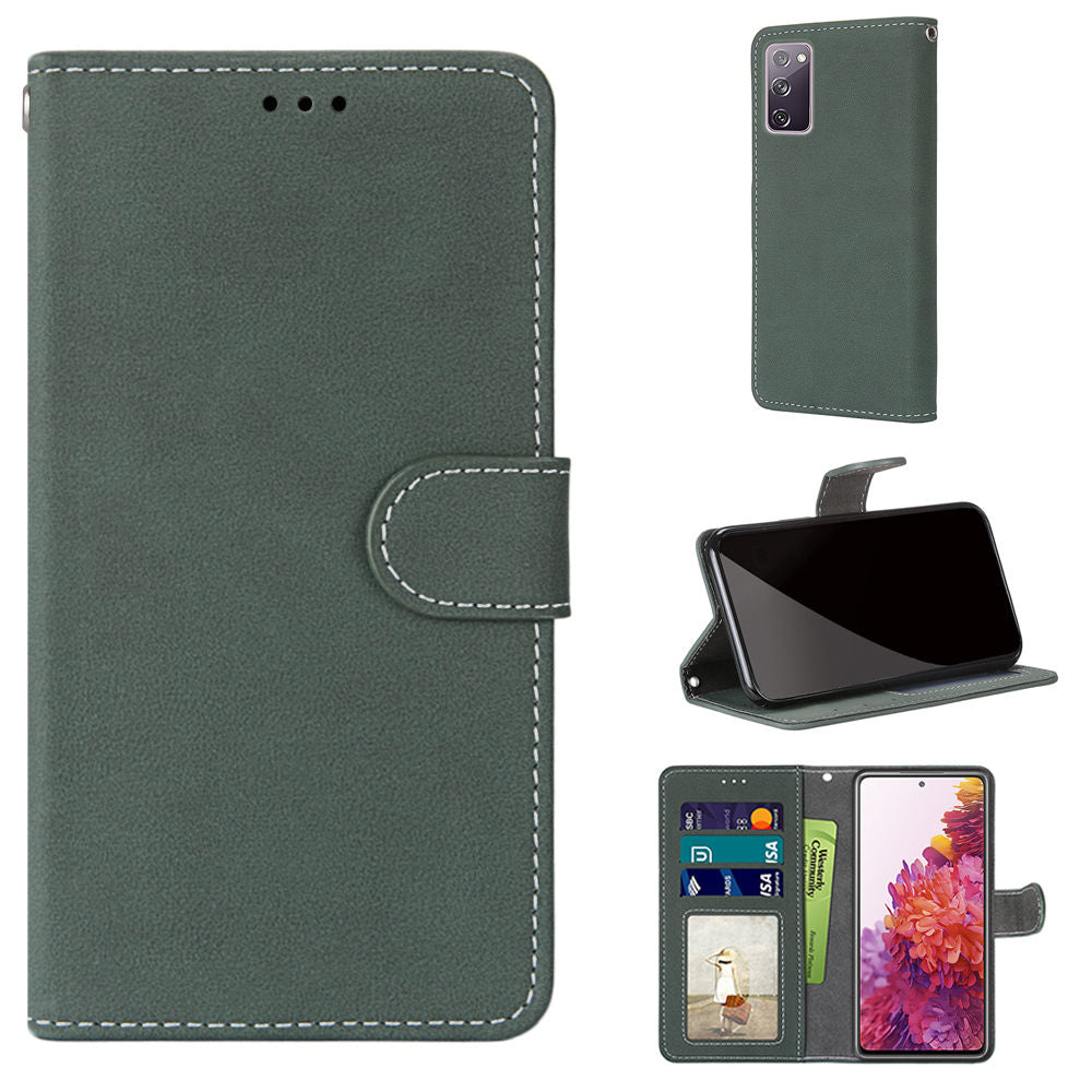 Retro Frosted Surface Wallet Leather Stand Phone Case for Samsung Galaxy S20 FE 4G/FE 5G/S20 Lite - Green