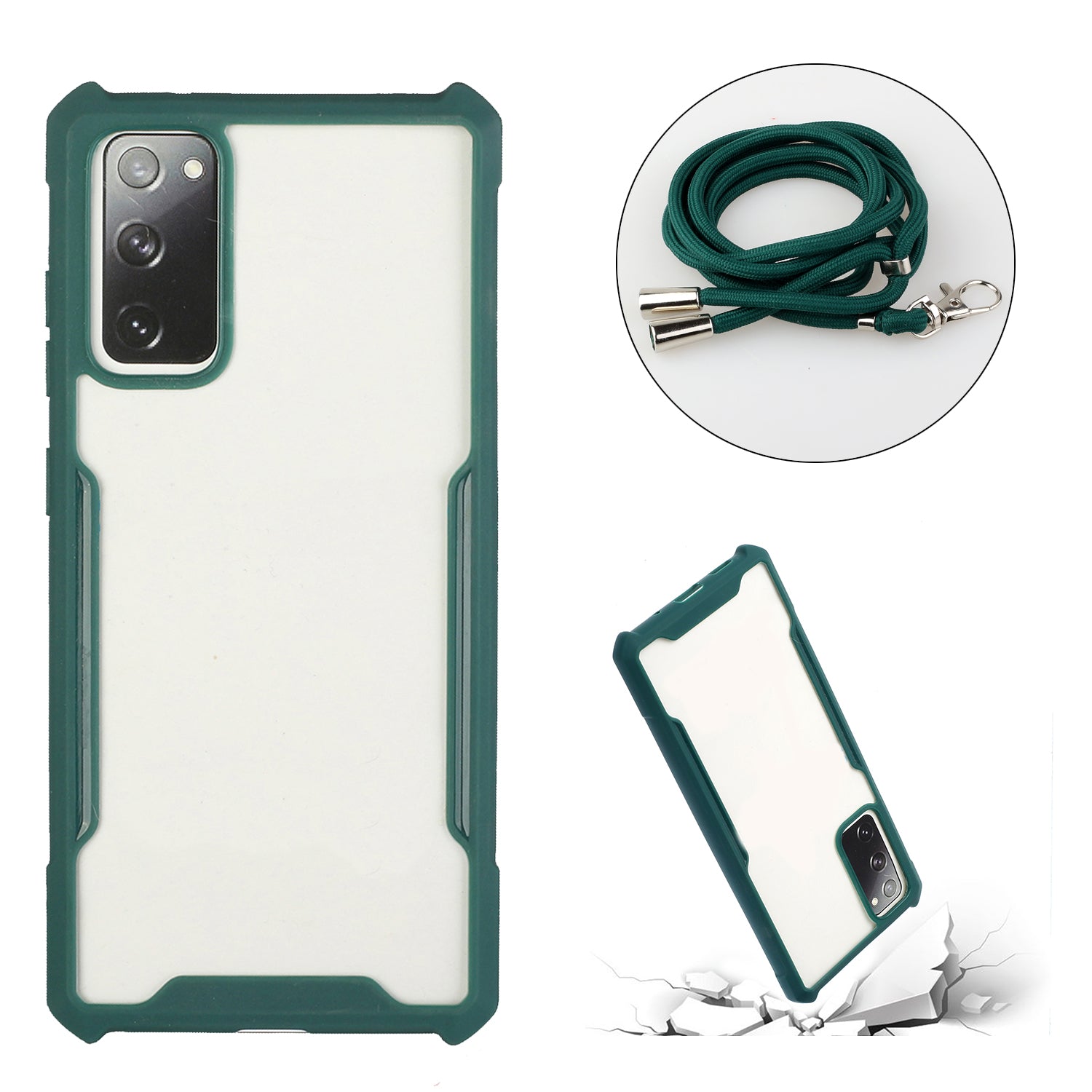 Acrylic+TPU Shockproof Phone Case with Strap for Samsung Galaxy S20 FE 4G/FE 5G/S20 Lite/S20 FE 2022 - Dark Green