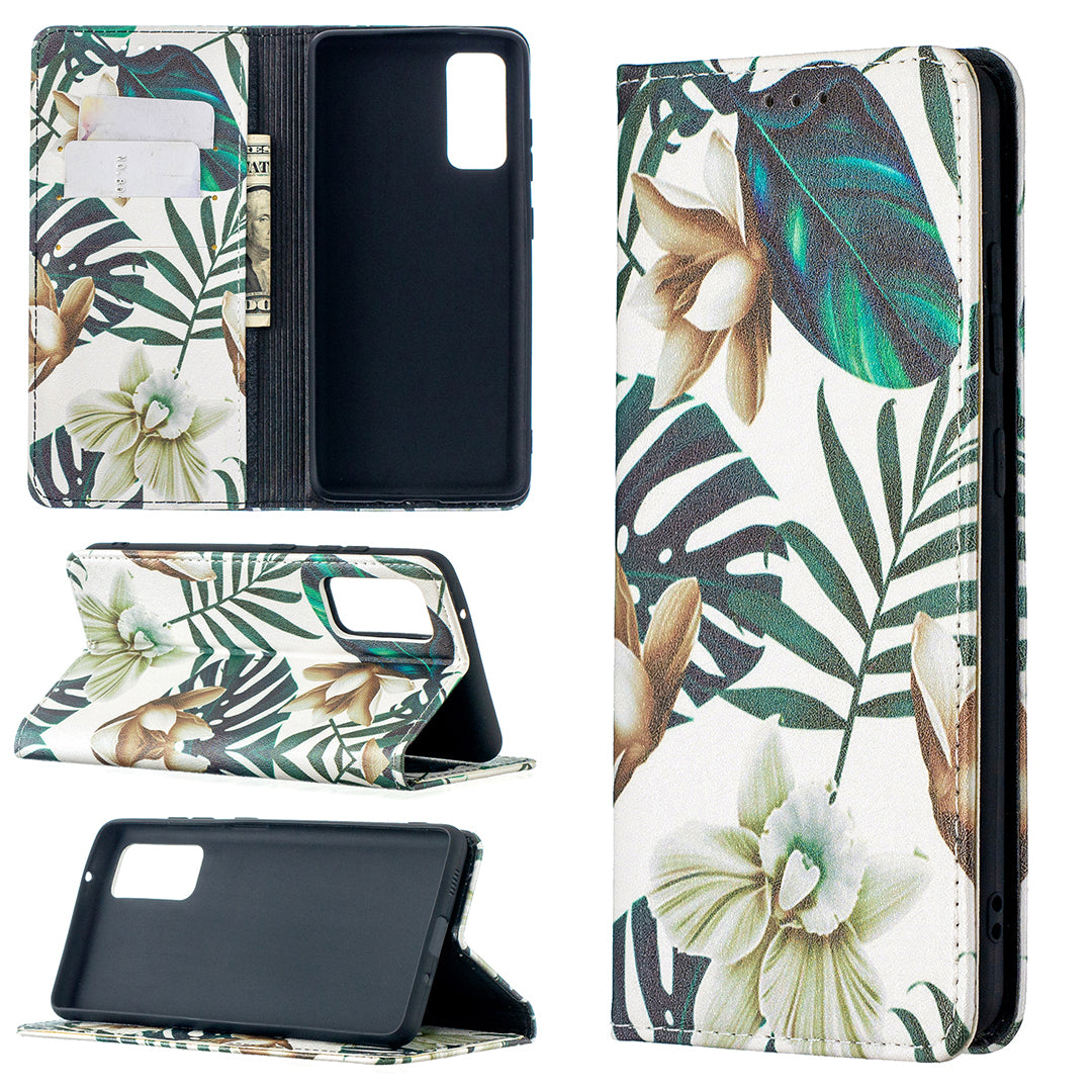 Auto-absorbed Stylish Patterned PU Leather Stand Phone Case for Samsung Galaxy S20 FE 4G/FE 5G/S20 Lite/S20 FE 2022 - Green Leaves and Flowers