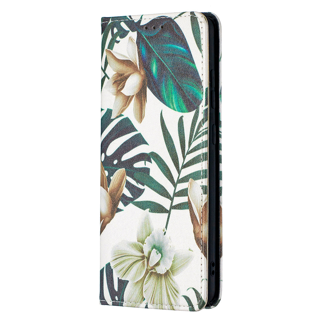 Auto-absorbed Stylish Patterned PU Leather Stand Phone Case for Samsung Galaxy S20 FE 4G/FE 5G/S20 Lite/S20 FE 2022 - Green Leaves and Flowers