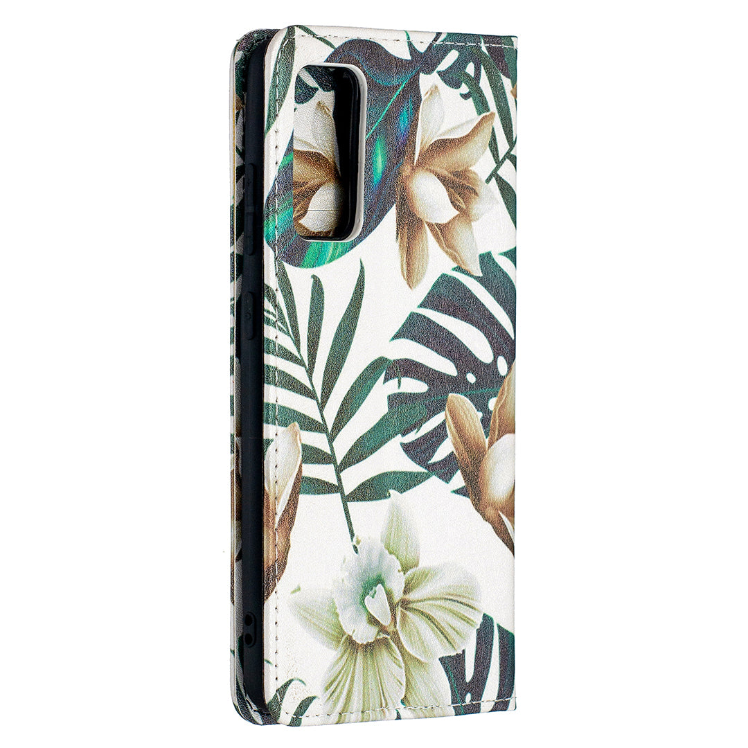 Auto-absorbed Stylish Patterned PU Leather Stand Phone Case for Samsung Galaxy S20 FE 4G/FE 5G/S20 Lite/S20 FE 2022 - Green Leaves and Flowers