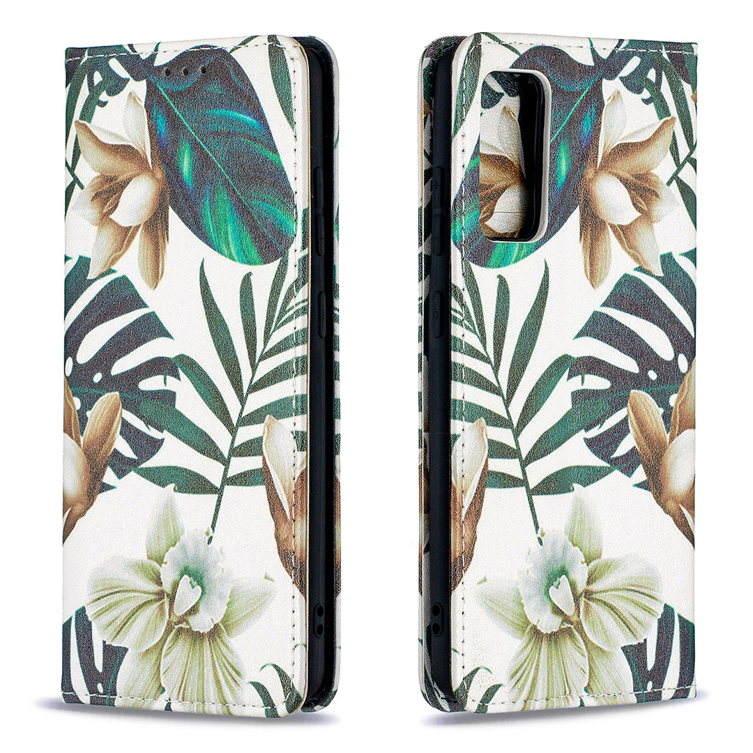 Auto-absorbed Stylish Patterned PU Leather Stand Phone Case for Samsung Galaxy S20 FE 4G/FE 5G/S20 Lite/S20 FE 2022 - Green Leaves and Flowers