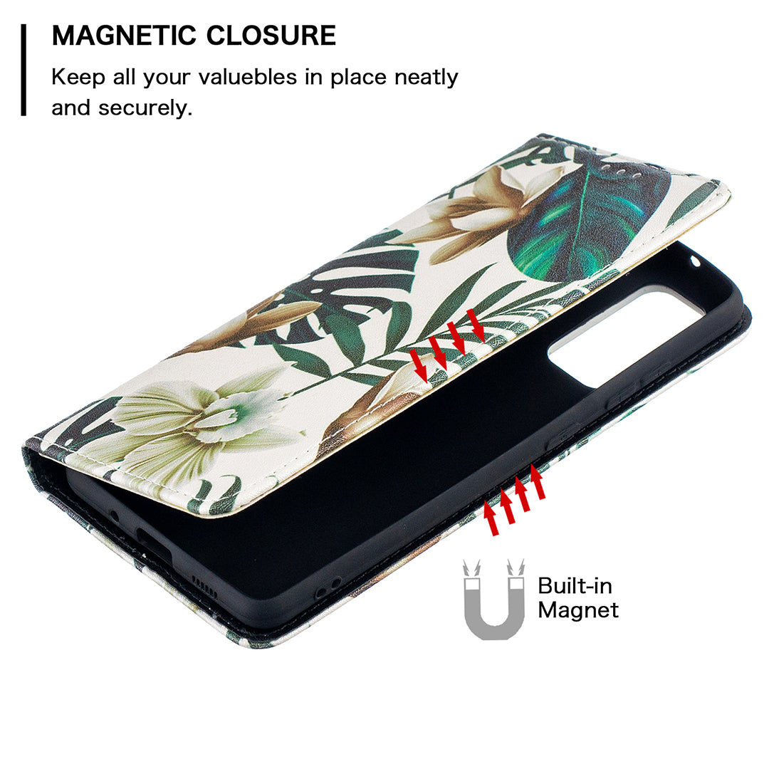 Auto-absorbed Stylish Patterned PU Leather Stand Phone Case for Samsung Galaxy S20 FE 4G/FE 5G/S20 Lite/S20 FE 2022 - Green Leaves and Flowers