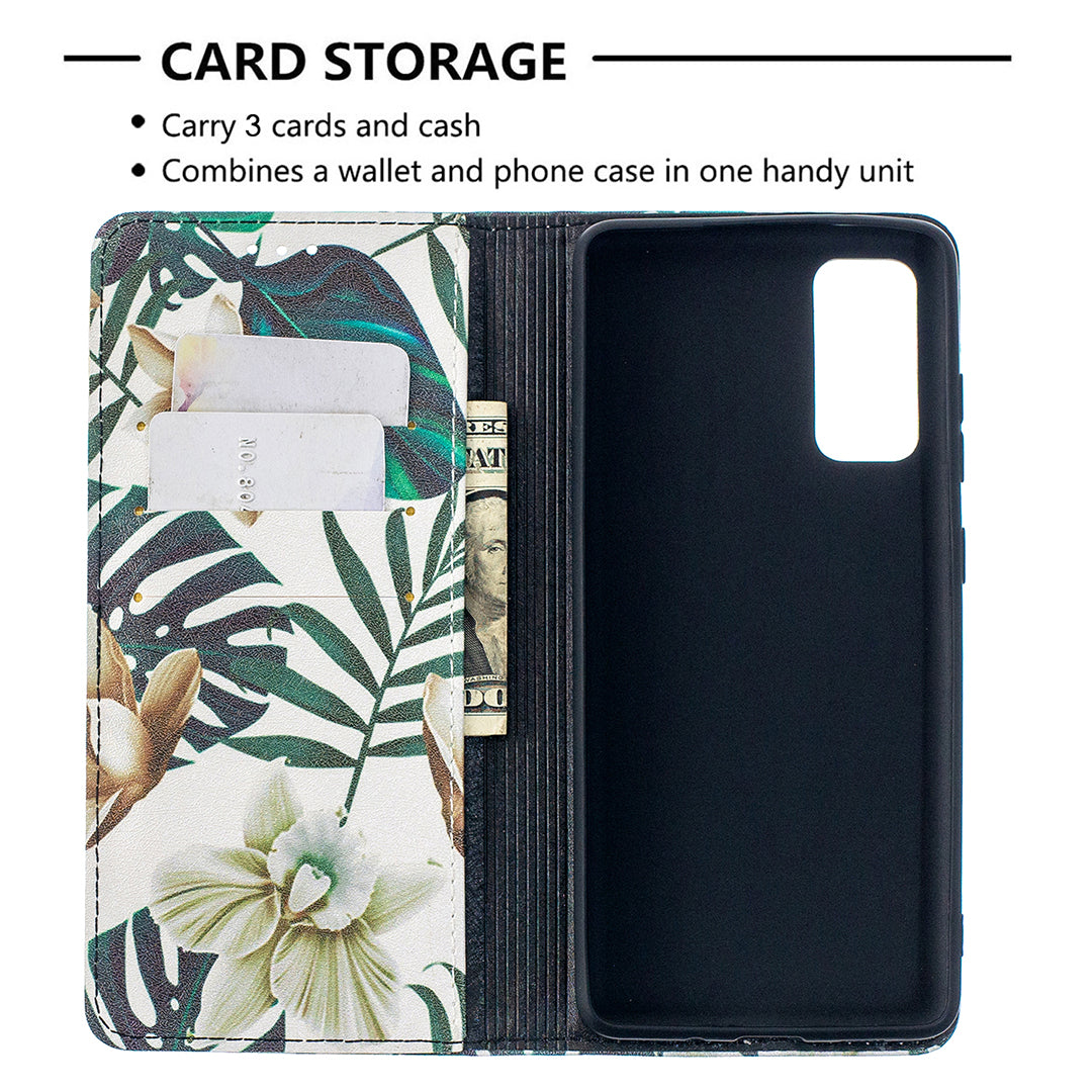 Auto-absorbed Stylish Patterned PU Leather Stand Phone Case for Samsung Galaxy S20 FE 4G/FE 5G/S20 Lite/S20 FE 2022 - Green Leaves and Flowers