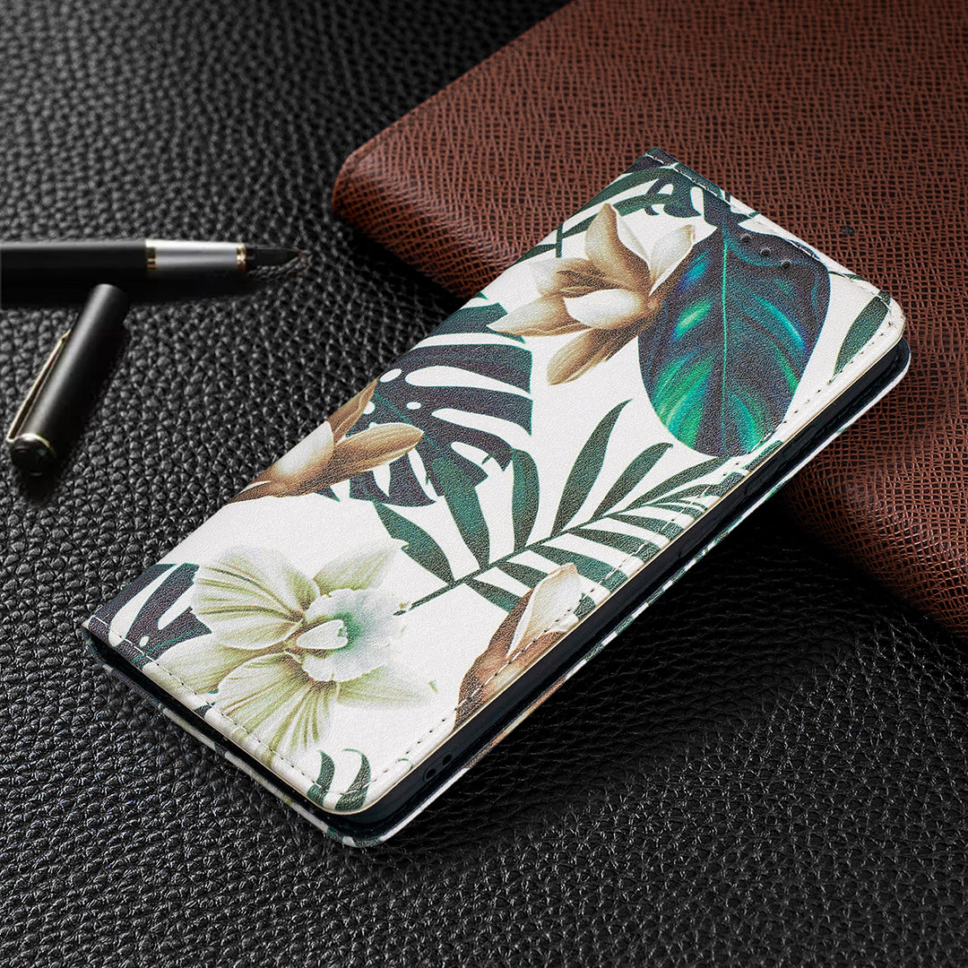 Auto-absorbed Stylish Patterned PU Leather Stand Phone Case for Samsung Galaxy S20 FE 4G/FE 5G/S20 Lite/S20 FE 2022 - Green Leaves and Flowers