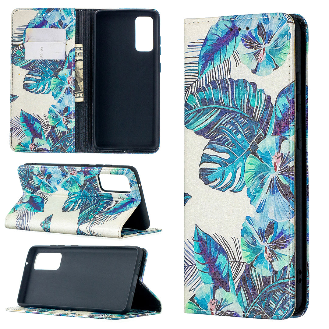 Auto-absorbed Stylish Patterned PU Leather Stand Phone Case for Samsung Galaxy S20 FE 4G/FE 5G/S20 Lite/S20 FE 2022 - Blue Leaves and Flowers