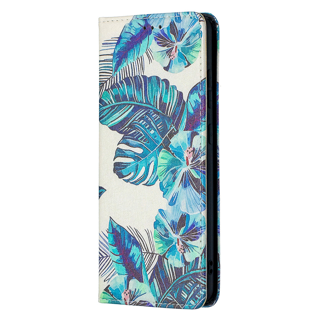 Auto-absorbed Stylish Patterned PU Leather Stand Phone Case for Samsung Galaxy S20 FE 4G/FE 5G/S20 Lite/S20 FE 2022 - Blue Leaves and Flowers