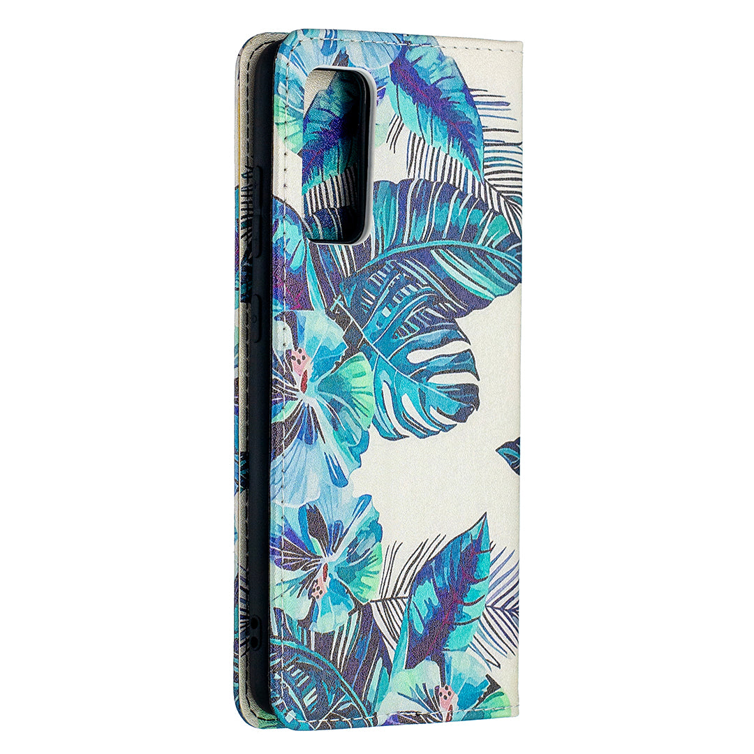 Auto-absorbed Stylish Patterned PU Leather Stand Phone Case for Samsung Galaxy S20 FE 4G/FE 5G/S20 Lite/S20 FE 2022 - Blue Leaves and Flowers