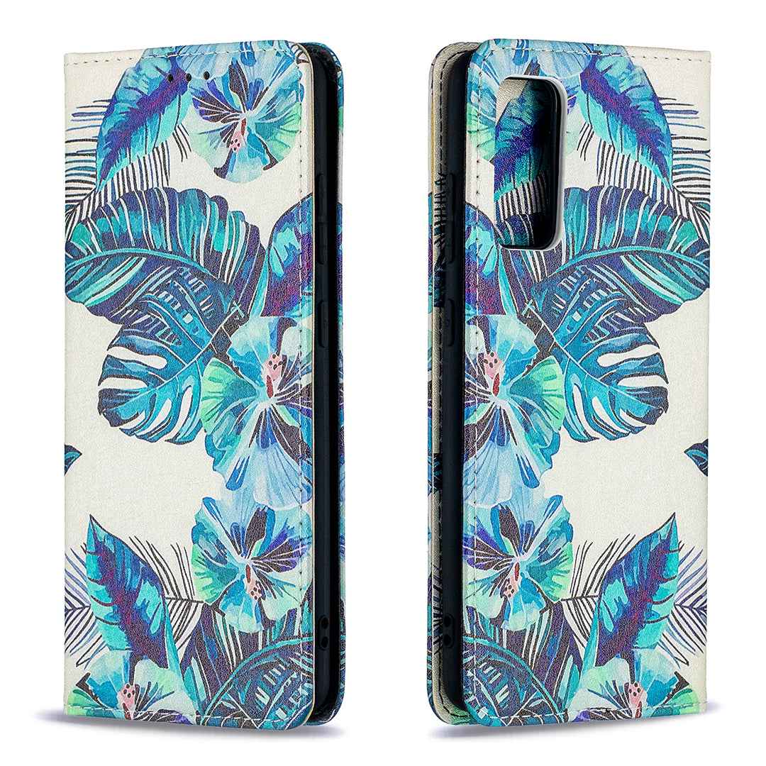 Auto-absorbed Stylish Patterned PU Leather Stand Phone Case for Samsung Galaxy S20 FE 4G/FE 5G/S20 Lite/S20 FE 2022 - Blue Leaves and Flowers