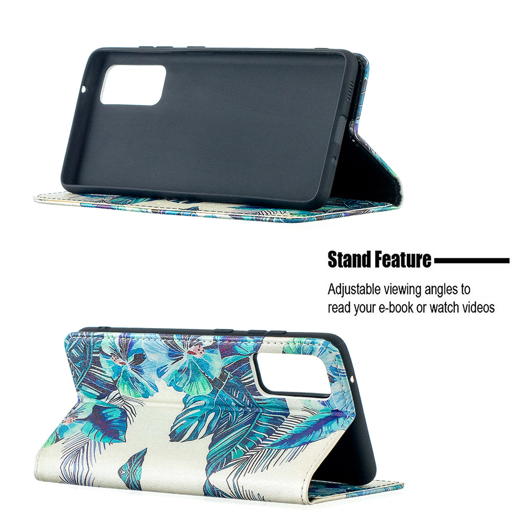 Auto-absorbed Stylish Patterned PU Leather Stand Phone Case for Samsung Galaxy S20 FE 4G/FE 5G/S20 Lite/S20 FE 2022 - Blue Leaves and Flowers