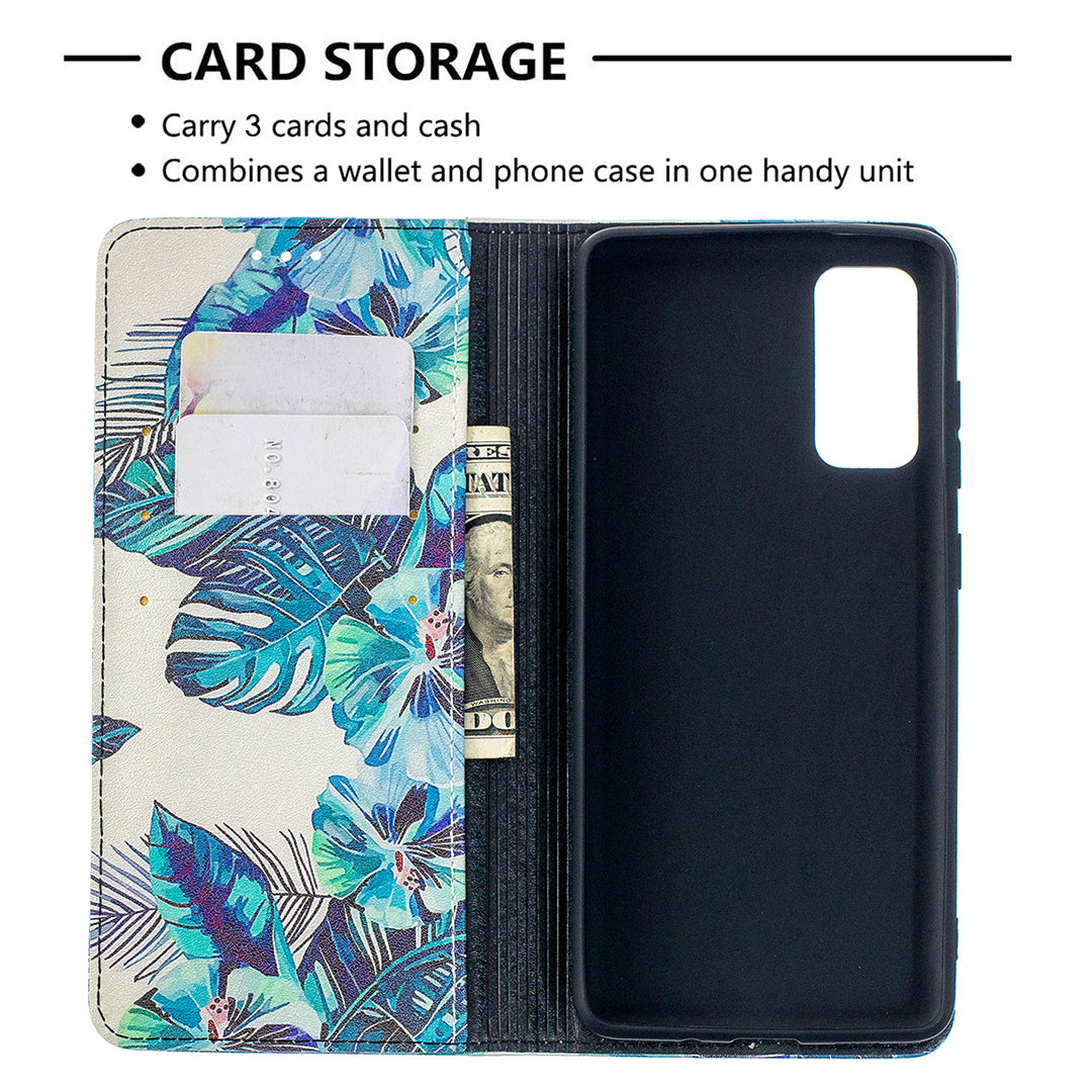 Auto-absorbed Stylish Patterned PU Leather Stand Phone Case for Samsung Galaxy S20 FE 4G/FE 5G/S20 Lite/S20 FE 2022 - Blue Leaves and Flowers