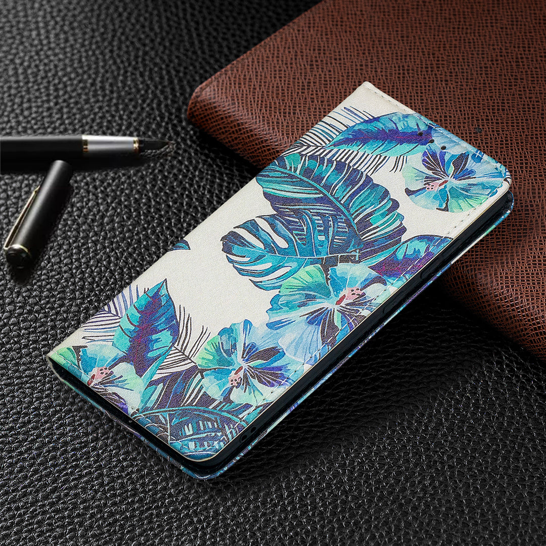 Auto-absorbed Stylish Patterned PU Leather Stand Phone Case for Samsung Galaxy S20 FE 4G/FE 5G/S20 Lite/S20 FE 2022 - Blue Leaves and Flowers