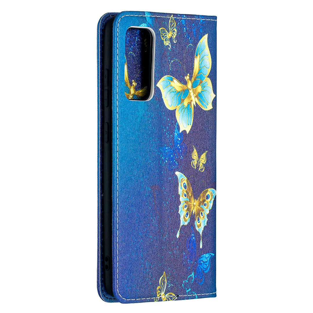 Auto-absorbed Stylish Patterned PU Leather Stand Phone Case for Samsung Galaxy S20 FE 4G/FE 5G/S20 Lite/S20 FE 2022 - Golden Butterflies