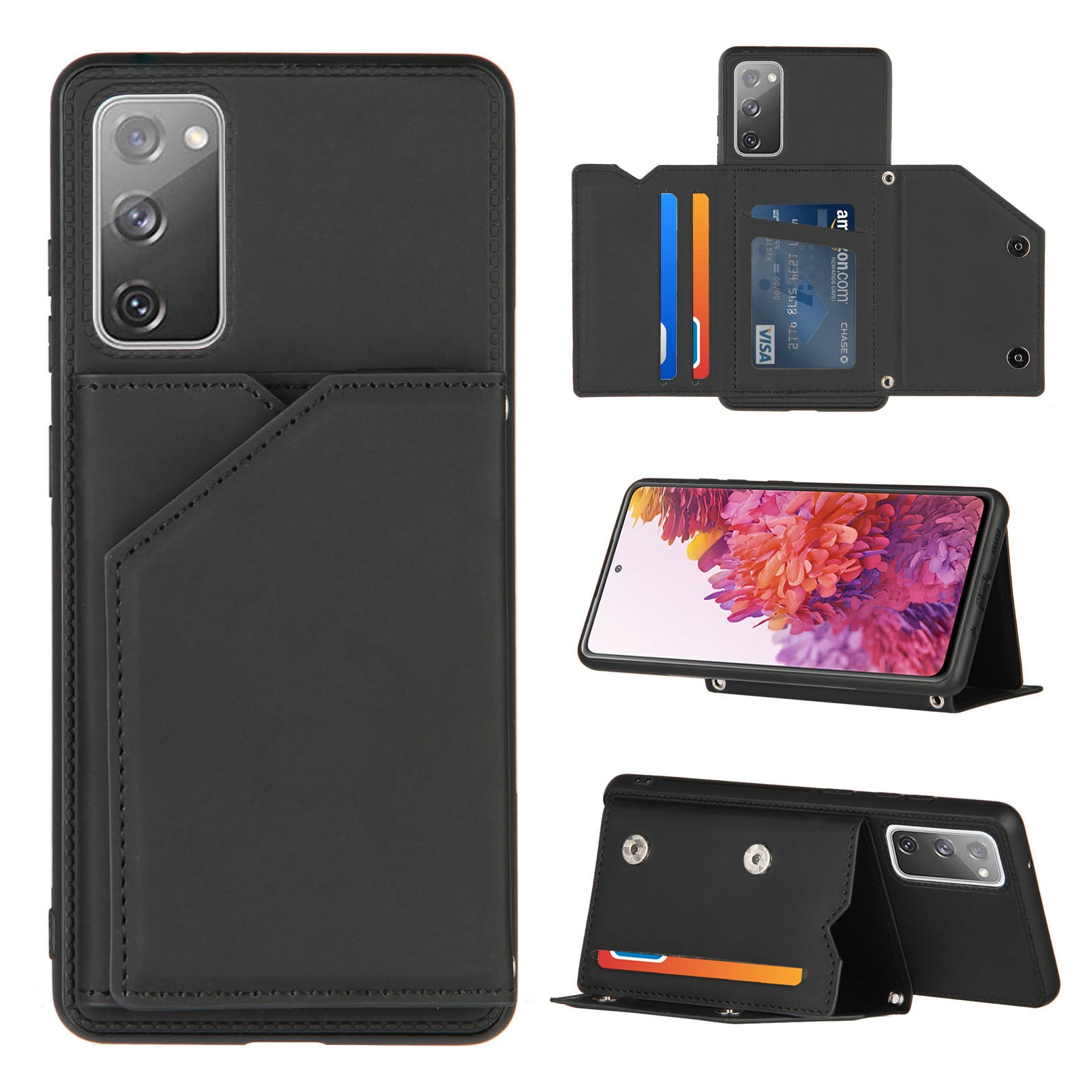 Stand Card Holder Rubberized Leather Skin TPU Phone Shell for Samsung Galaxy S20 FE 4G/FE 5G/S20 Lite/S20 FE 2022 - Black