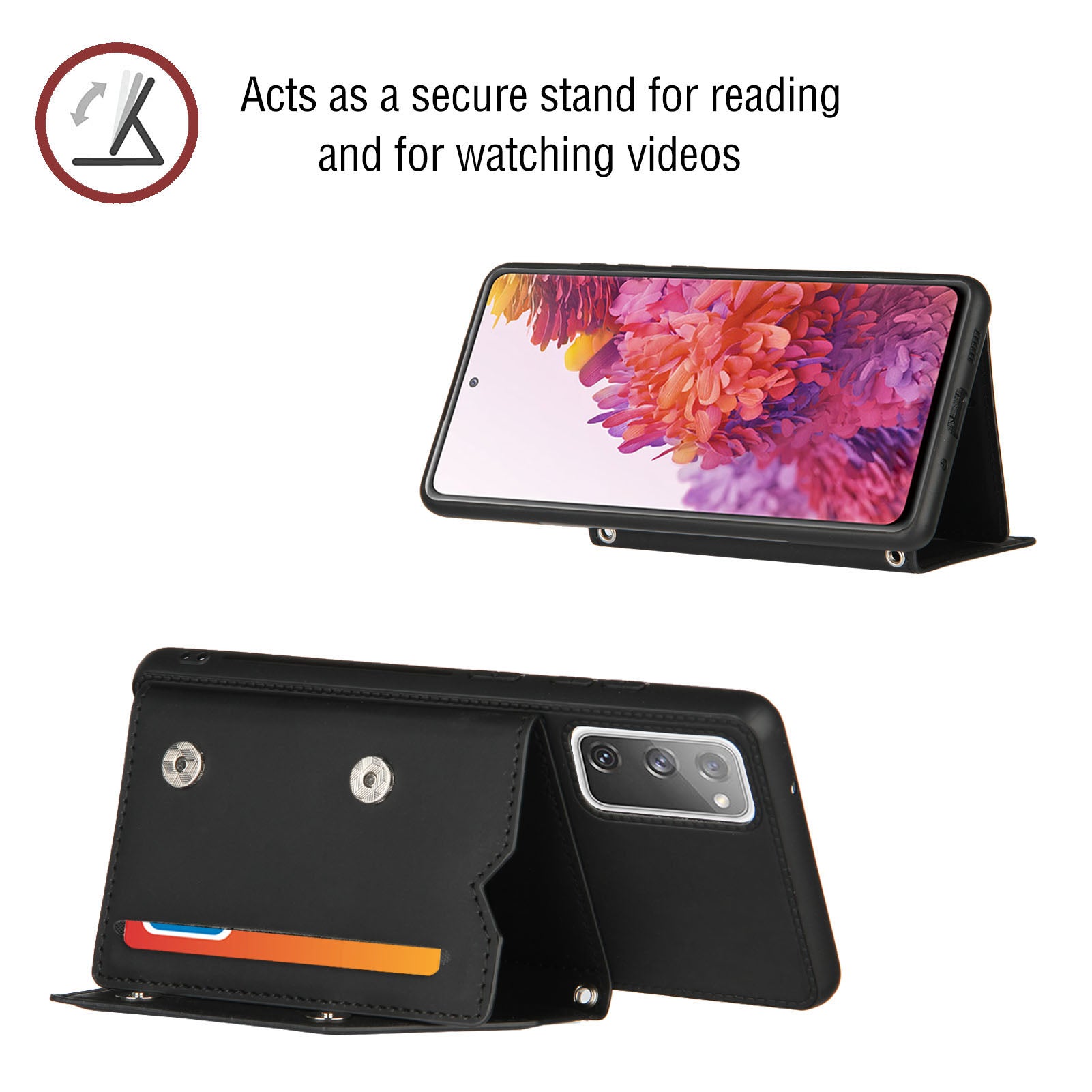 Stand Card Holder Rubberized Leather Skin TPU Phone Shell for Samsung Galaxy S20 FE 4G/FE 5G/S20 Lite/S20 FE 2022 - Black