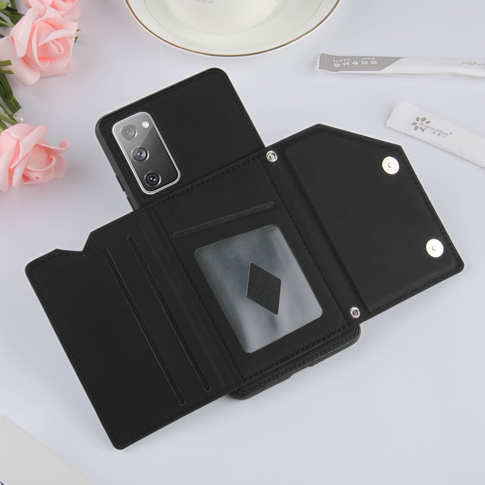 Stand Card Holder Rubberized Leather Skin TPU Phone Shell for Samsung Galaxy S20 FE 4G/FE 5G/S20 Lite/S20 FE 2022 - Black