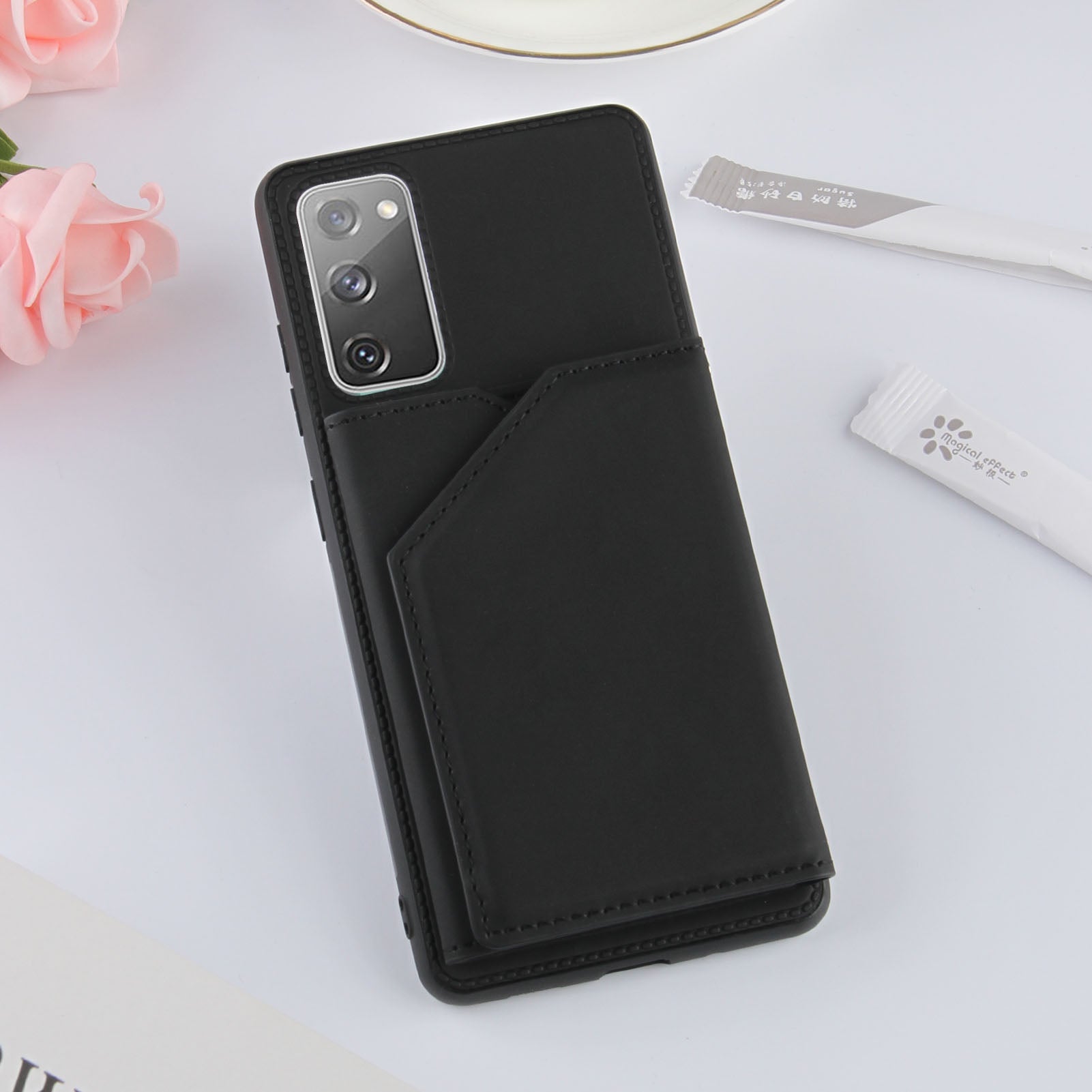 Stand Card Holder Rubberized Leather Skin TPU Phone Shell for Samsung Galaxy S20 FE 4G/FE 5G/S20 Lite/S20 FE 2022 - Black