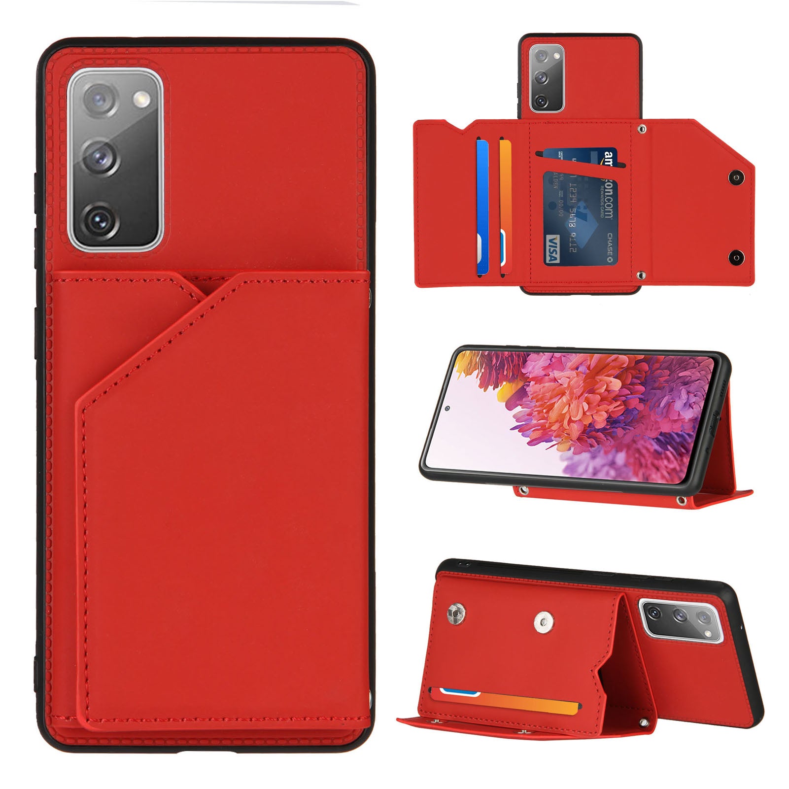 Stand Card Holder Rubberized Leather Skin TPU Phone Shell for Samsung Galaxy S20 FE 4G/FE 5G/S20 Lite/S20 FE 2022 - Red