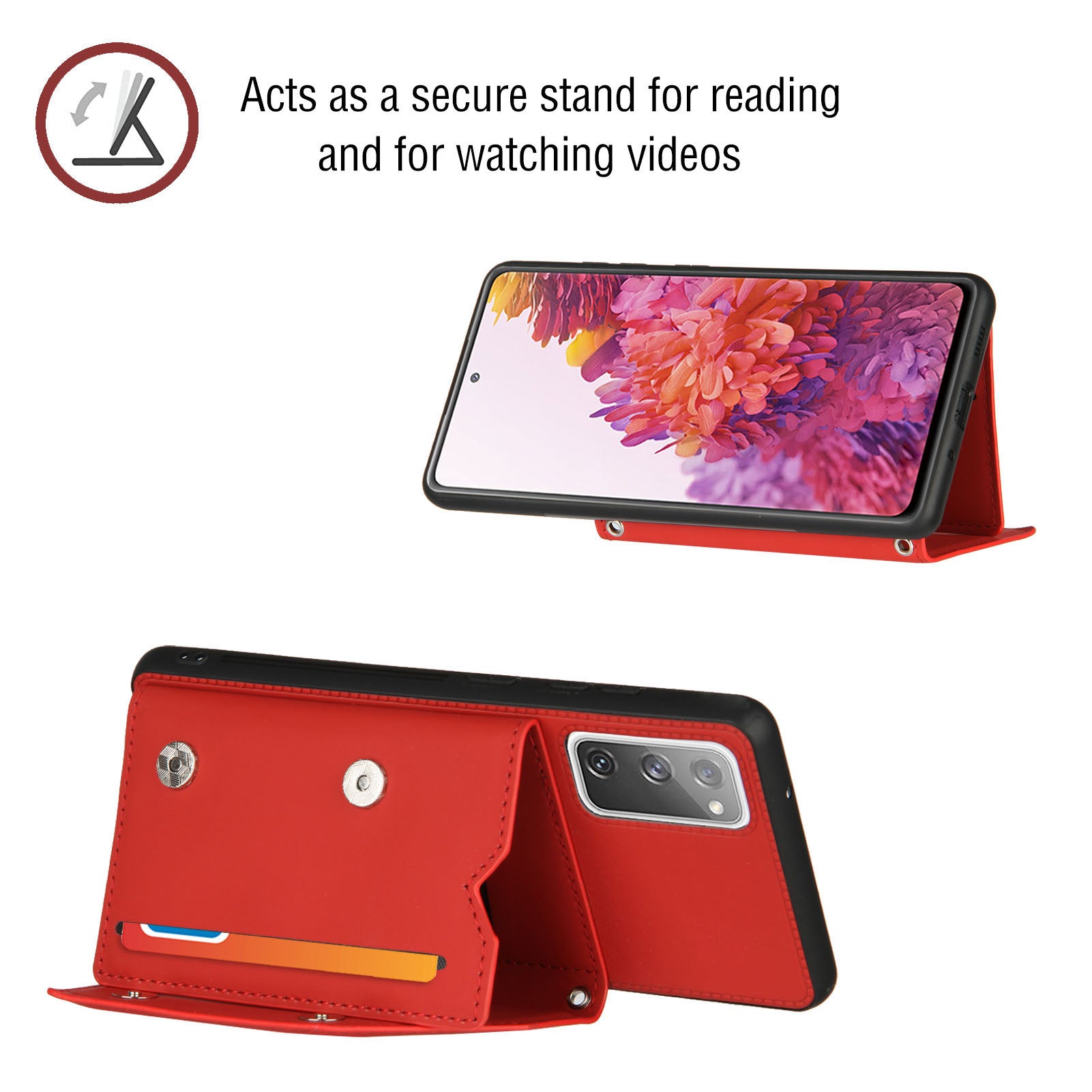 Stand Card Holder Rubberized Leather Skin TPU Phone Shell for Samsung Galaxy S20 FE 4G/FE 5G/S20 Lite/S20 FE 2022 - Red