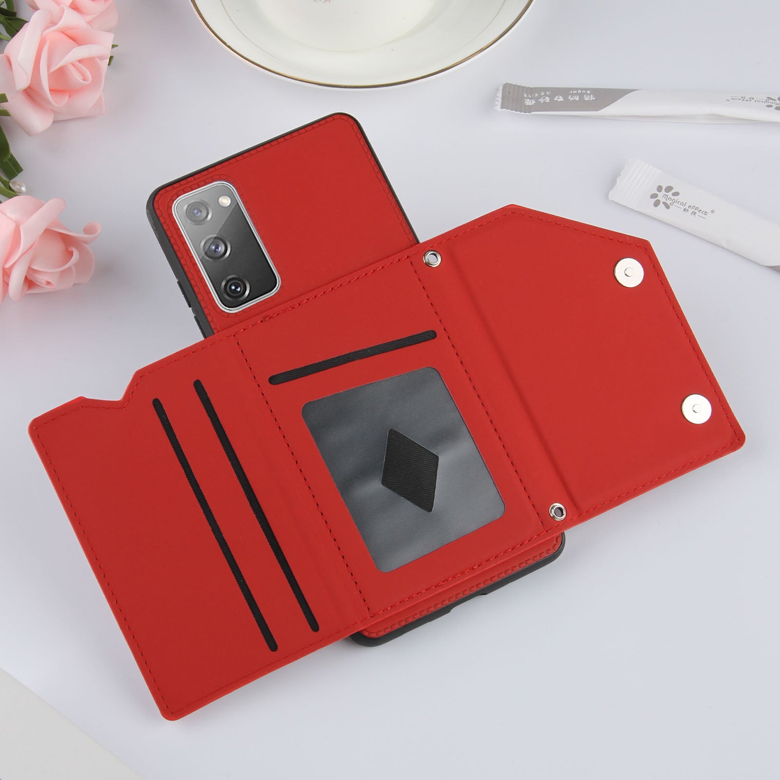 Stand Card Holder Rubberized Leather Skin TPU Phone Shell for Samsung Galaxy S20 FE 4G/FE 5G/S20 Lite/S20 FE 2022 - Red