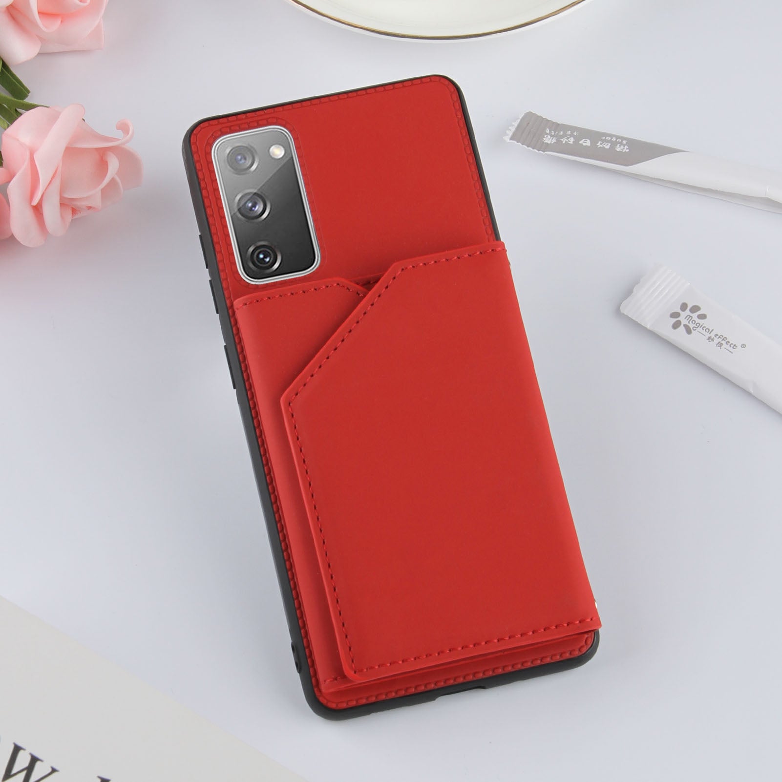 Stand Card Holder Rubberized Leather Skin TPU Phone Shell for Samsung Galaxy S20 FE 4G/FE 5G/S20 Lite/S20 FE 2022 - Red