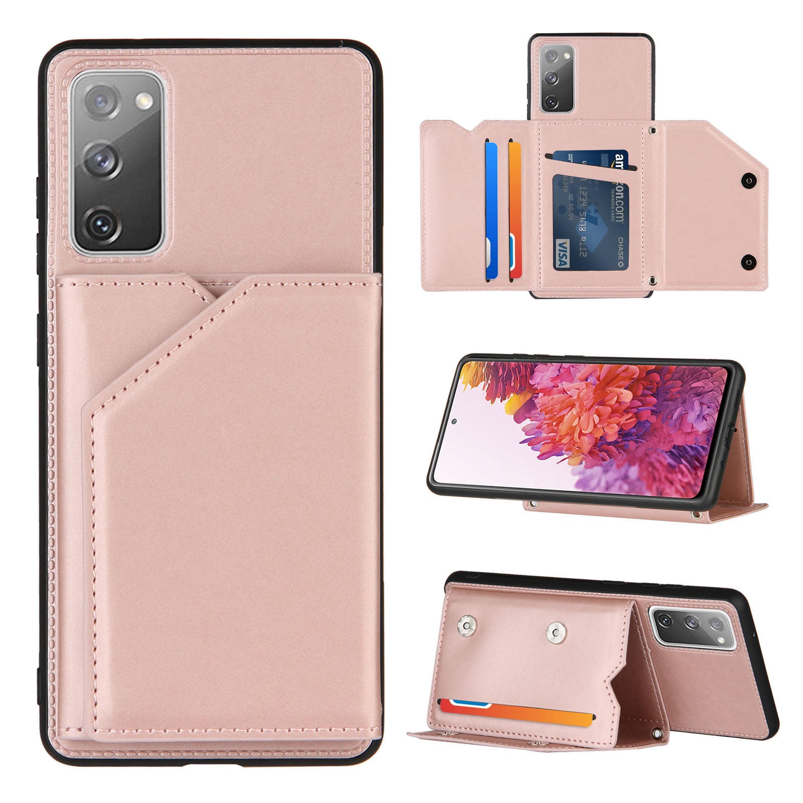 Stand Card Holder Rubberized Leather Skin TPU Phone Shell for Samsung Galaxy S20 FE 4G/FE 5G/S20 Lite/S20 FE 2022 - Rose Gold