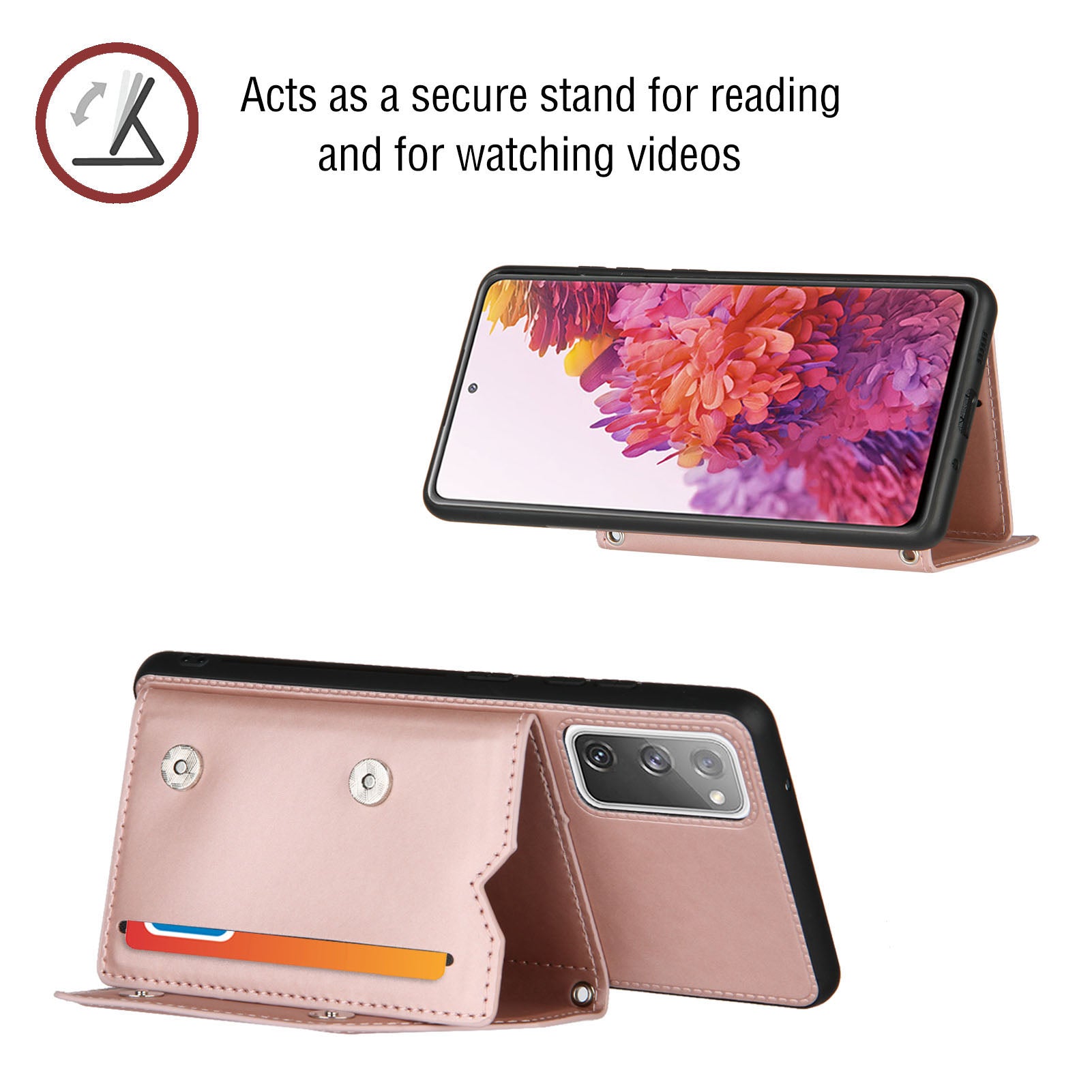 Stand Card Holder Rubberized Leather Skin TPU Phone Shell for Samsung Galaxy S20 FE 4G/FE 5G/S20 Lite/S20 FE 2022 - Rose Gold