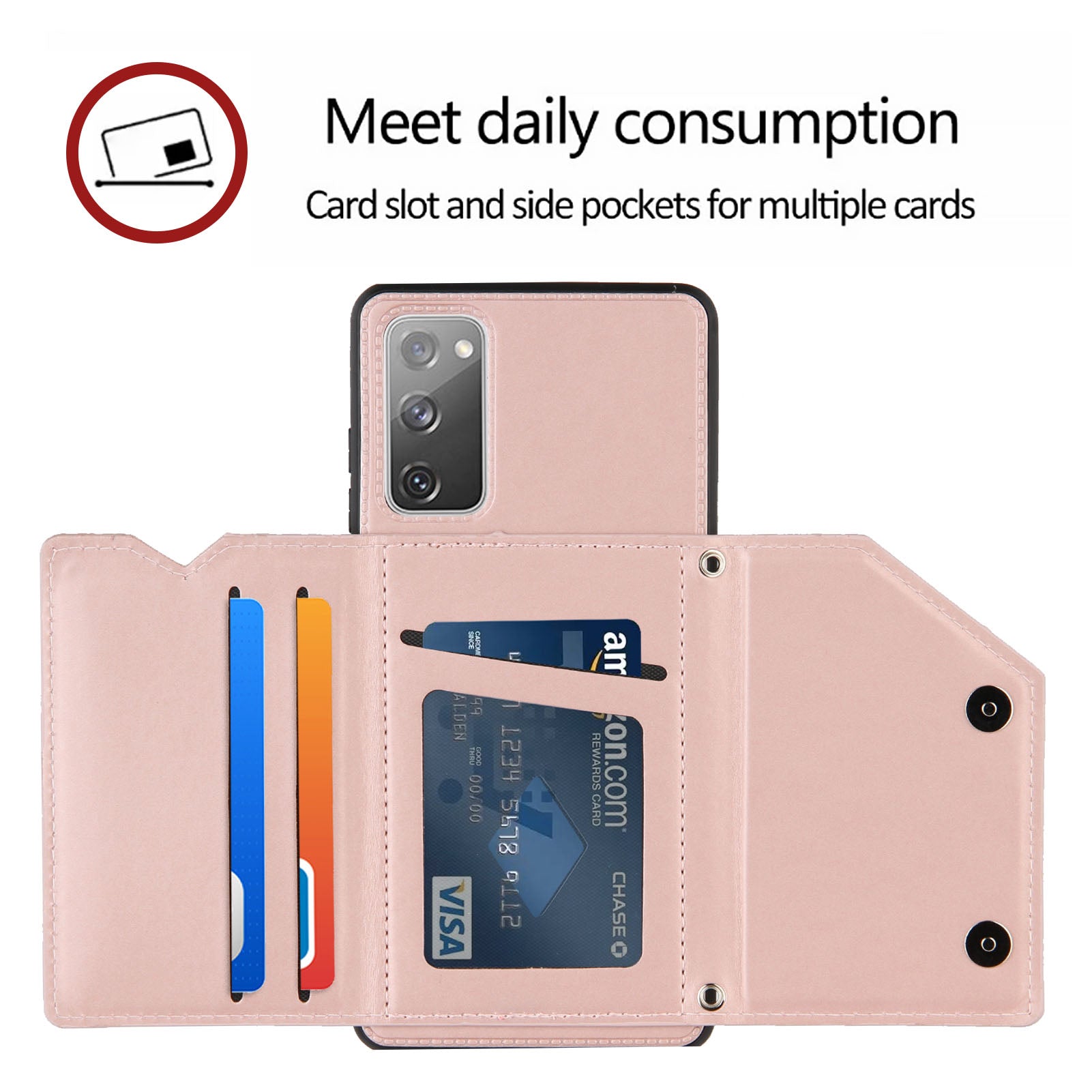 Stand Card Holder Rubberized Leather Skin TPU Phone Shell for Samsung Galaxy S20 FE 4G/FE 5G/S20 Lite/S20 FE 2022 - Rose Gold